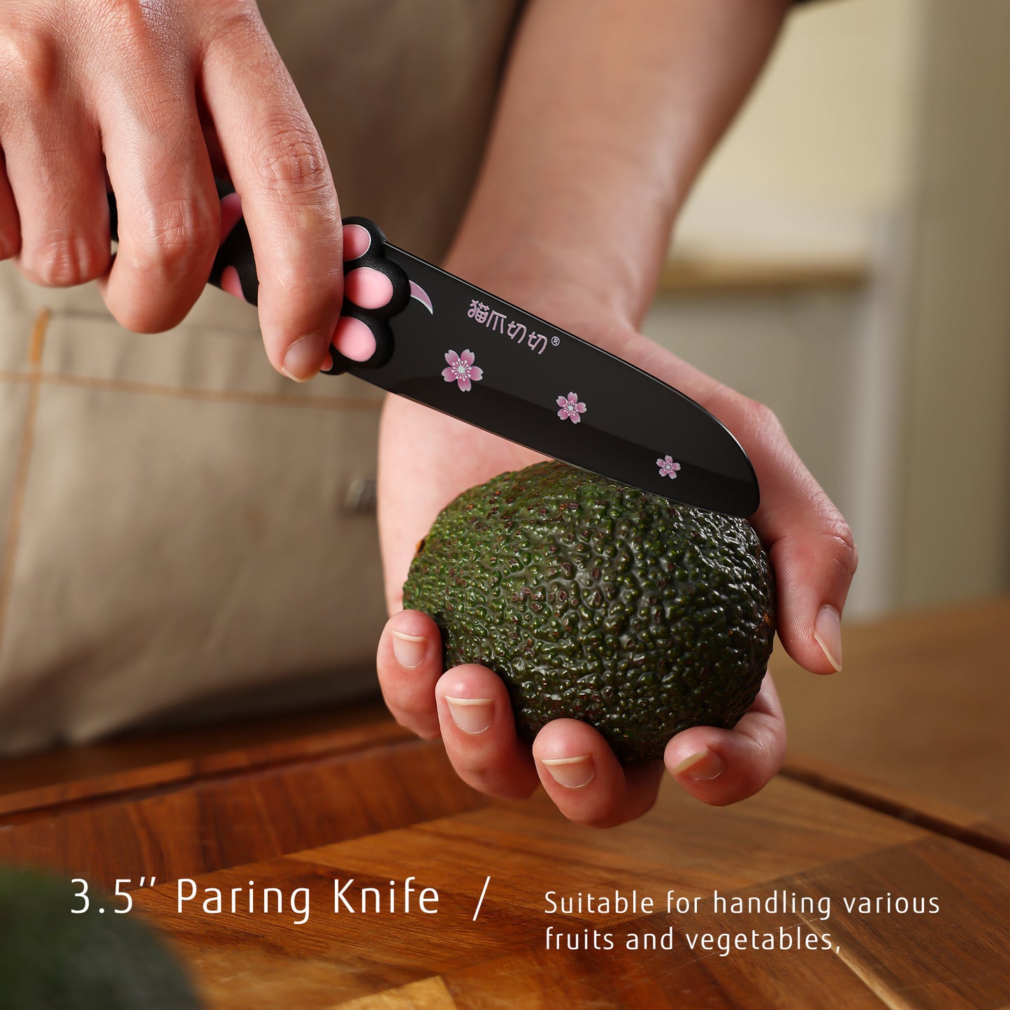 MEOWKIT 3 Pieces Kitchen Knife Set, Non-Stick Coated Cooking Knife Set Including Paring, Utility, Santoku for Kitchen, Black&Pink