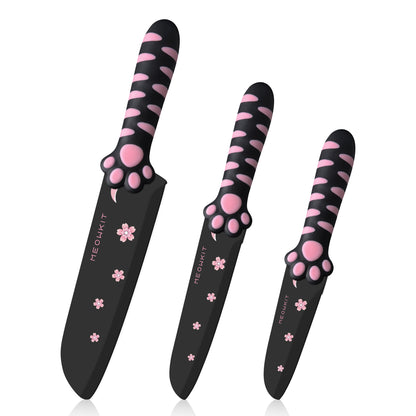 MEOWKIT 3 Pieces Kitchen Knife Set, Non-Stick Coated Cooking Knife Set Including Paring, Utility, Santoku for Kitchen, Black&Pink