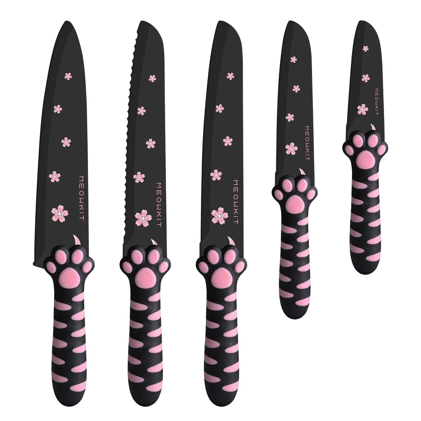 Meowkit 5 Pieces Kitchen Knife Set, Black&Pink Block Kitchen Knives