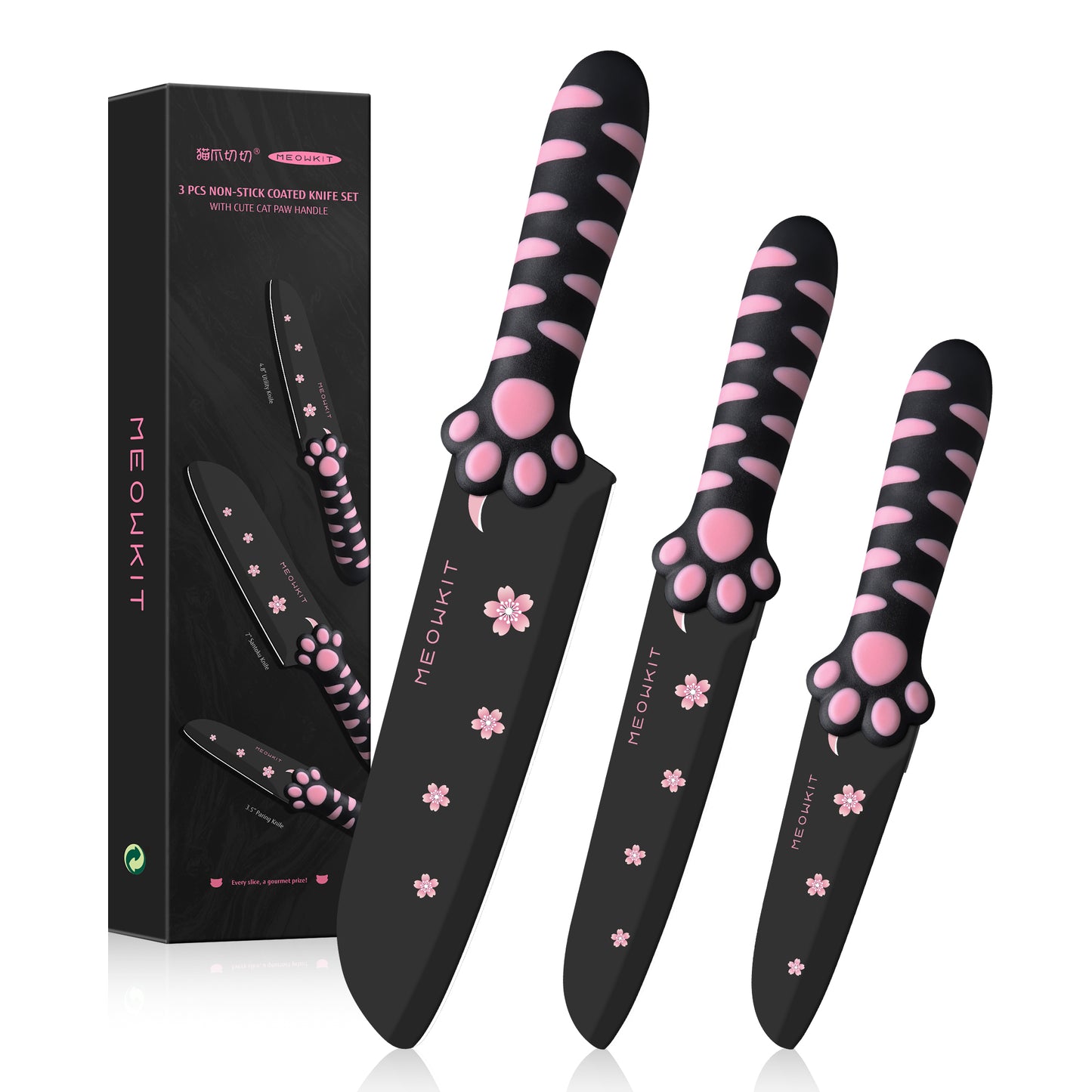 MEOWKIT 3 Pieces Kitchen Knife Set, Non-Stick Coated Cooking Knife Set Including Paring, Utility, Santoku for Kitchen, Black&Pink