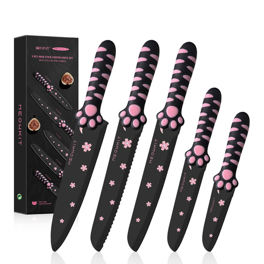 Meowkit 5 Pieces Kitchen Knife Set, Black&Pink Block Kitchen Knives