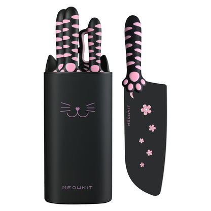 Meowkit 5-Piece Knife Set with Block, Pink and Black Series