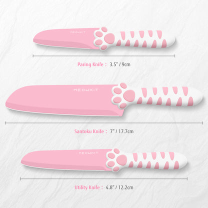 MEOWKIT Knife Set of 3, Stainless Steel Blades With Non Stick Coating, Non-Slip Handle, Kitchen Knife Set for Cooking, Pink