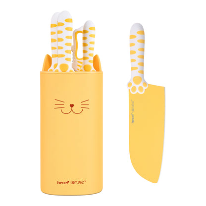 Meowkit 5-Piece Kitchen Knife Set, Pink Yellow Cute Knife Set with Block and Scissors