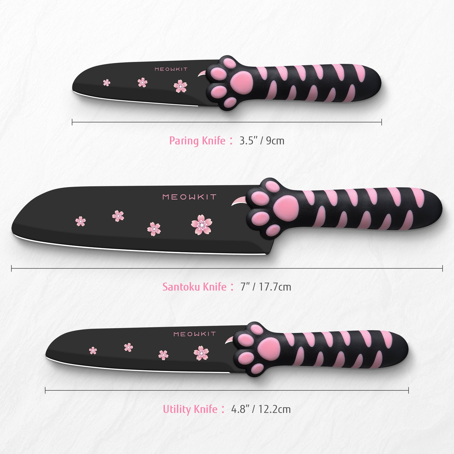 MEOWKIT 3 Pieces Kitchen Knife Set, Non-Stick Coated Cooking Knife Set Including Paring, Utility, Santoku for Kitchen, Black&Pink