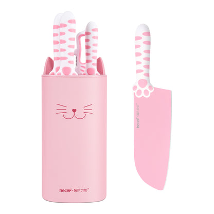 Meowkit 5-Piece Kitchen Knife Set, Pink Yellow Cute Knife Set with Block and Scissors