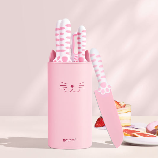 Meowkit 5-teiliges Küchenmesser-Set, rosa-gelb, süßes Messerset mit Block und Schere 