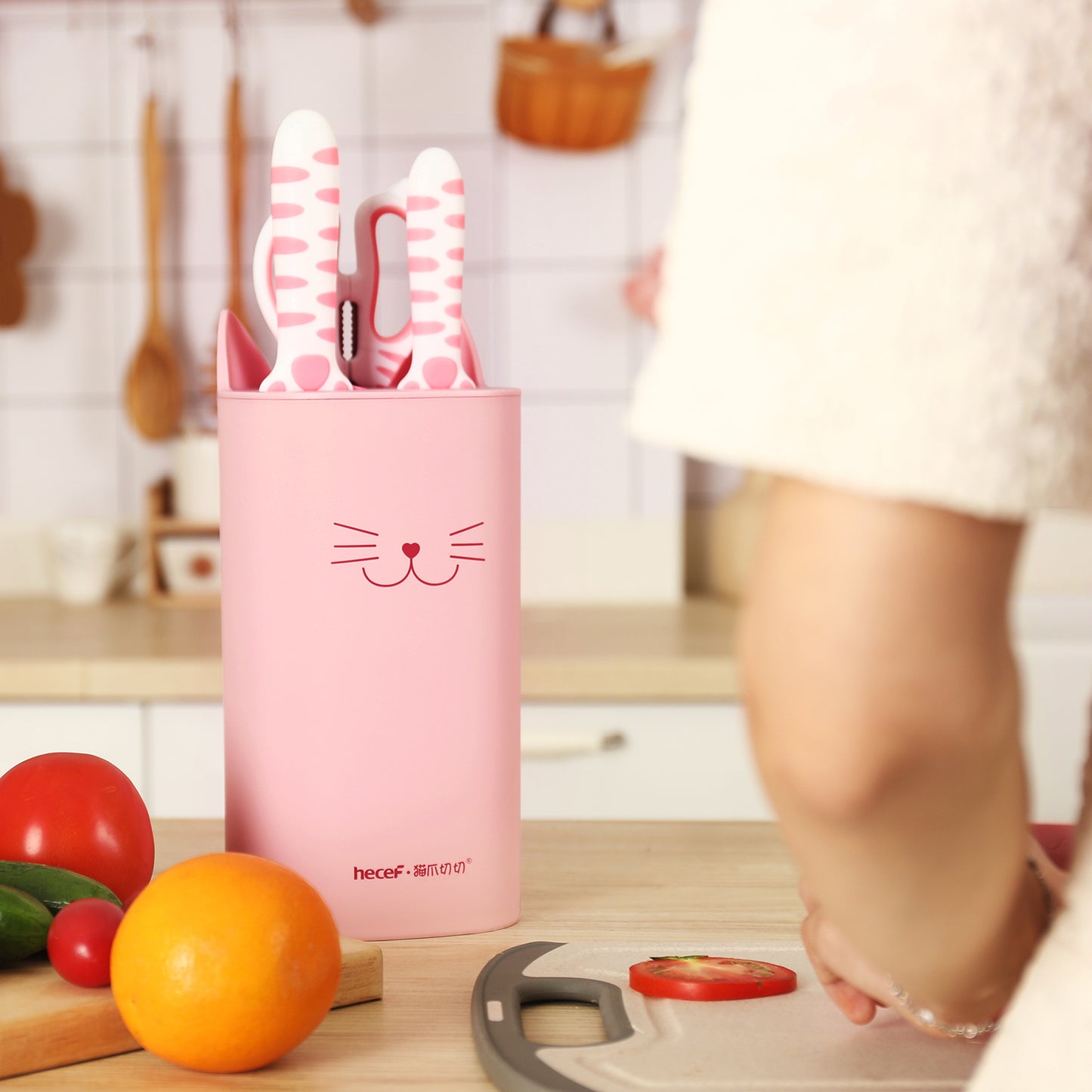 Meowkit 5-Piece Kitchen Knife Set, Pink Yellow Cute Knife Set with Block and Scissors