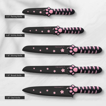 Meowkit 5 Pieces Kitchen Knife Set, Black&Pink Block Kitchen Knives