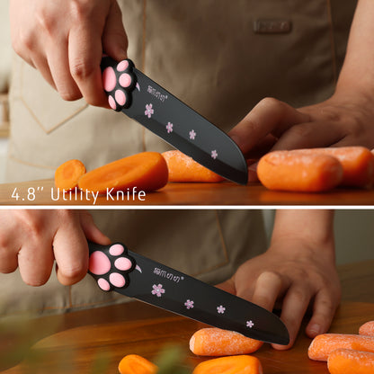 Meowkit 5 Pieces Kitchen Knife Set, Black&Pink Block Kitchen Knives