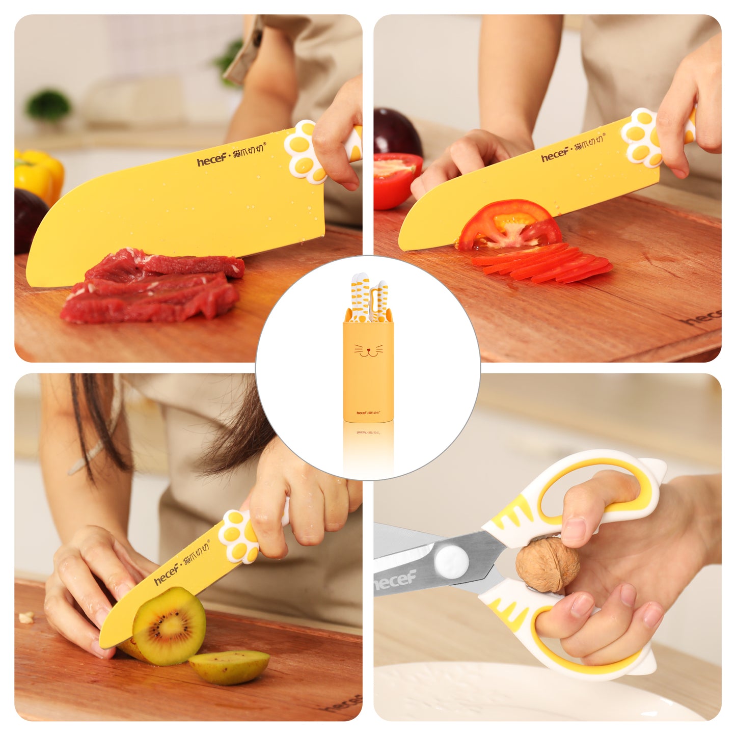 Meowkit 5-Piece Kitchen Knife Set, Pink Yellow Cute Knife Set with Block and Scissors