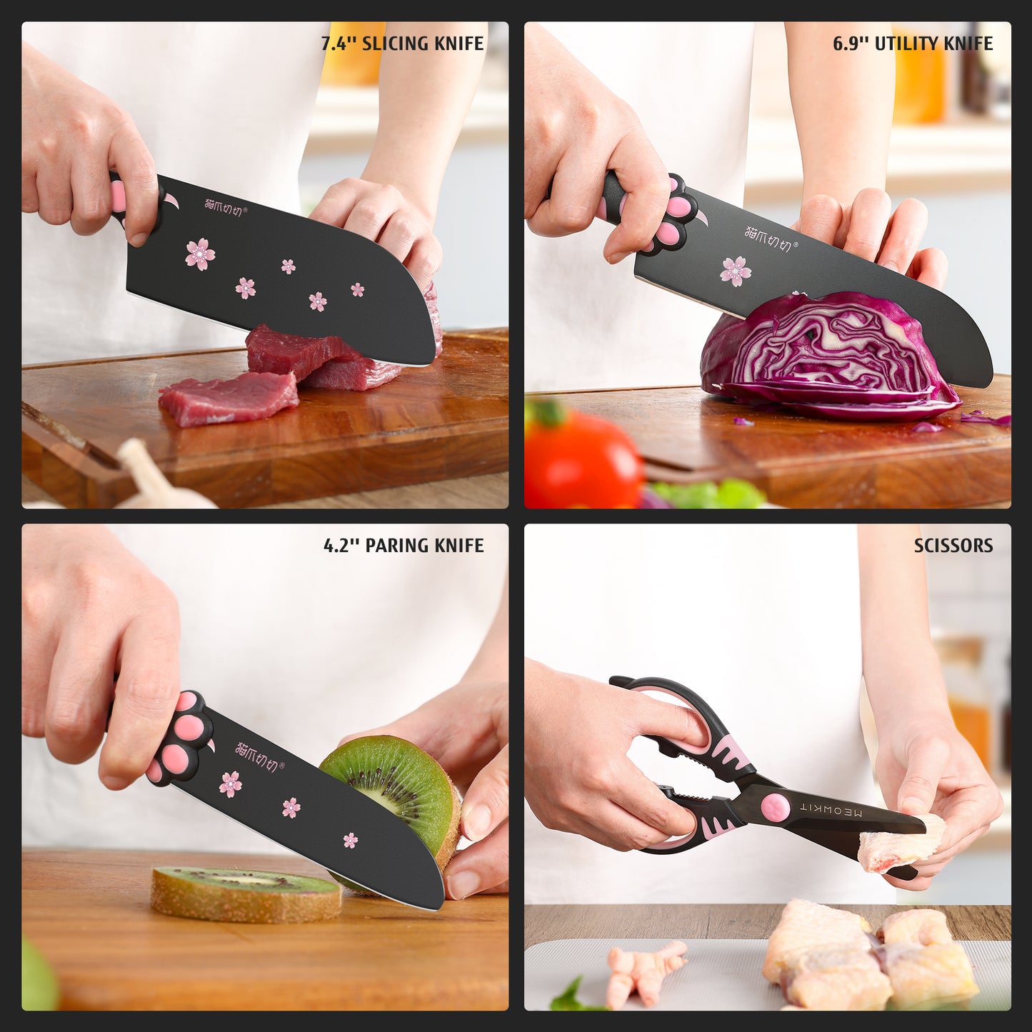 Meowkit 5-teiliges Messerset mit Block, Pink und Black Series