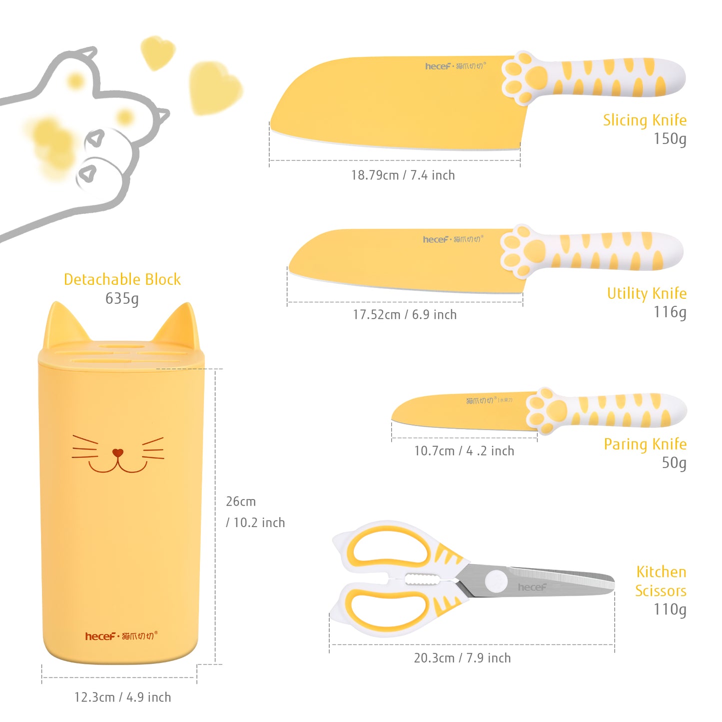 Meowkit 5-Piece Kitchen Knife Set, Pink Yellow Cute Knife Set with Block and Scissors