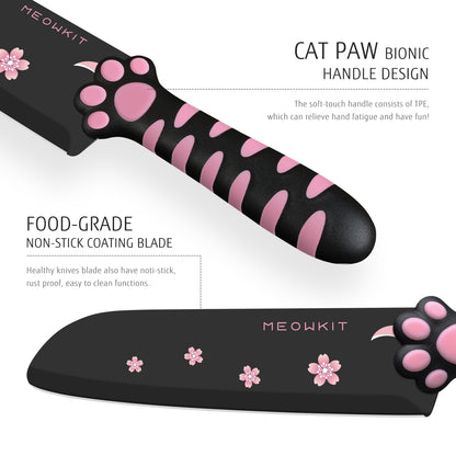 Meowkit 5 Pieces Kitchen Knife Set, Black&Pink Block Kitchen Knives