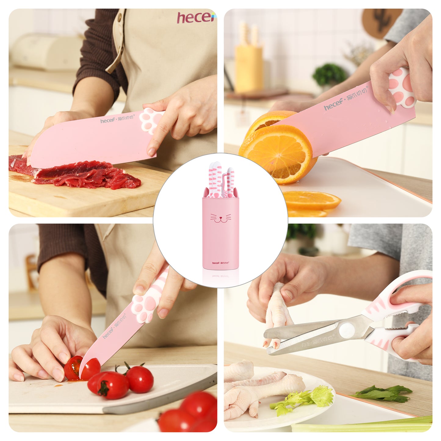 Meowkit 5-Piece Kitchen Knife Set, Pink Yellow Cute Knife Set with Block and Scissors