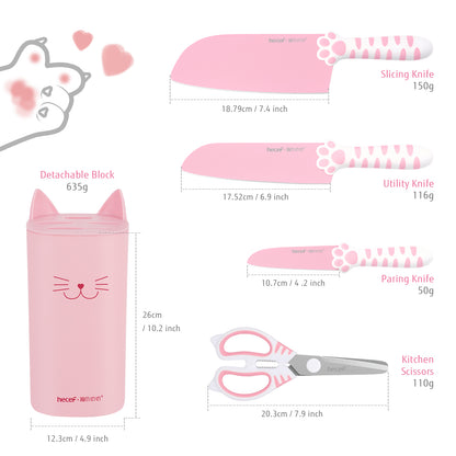 Meowkit 5-Piece Kitchen Knife Set, Pink Yellow Cute Knife Set with Block and Scissors