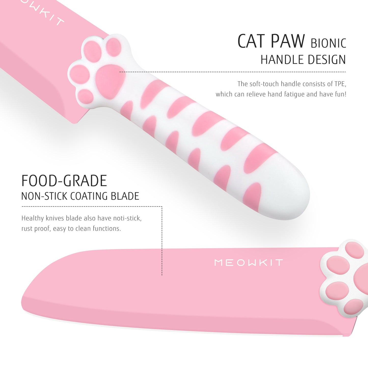 MEOWKIT Knife Set of 3, Stainless Steel Blades With Non Stick Coating, Non-Slip Handle, Kitchen Knife Set for Cooking, Pink