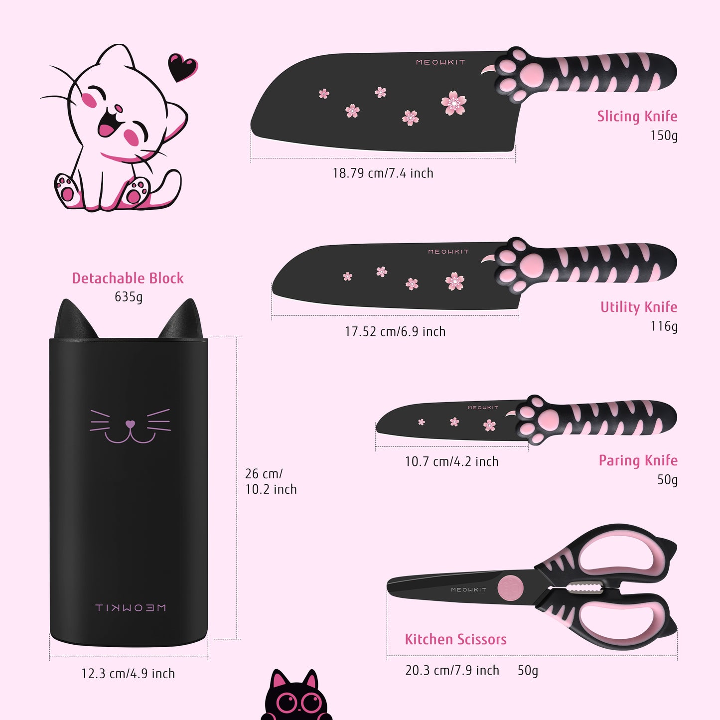 Meowkit 5-Piece Knife Set with Block, Pink and Black Series