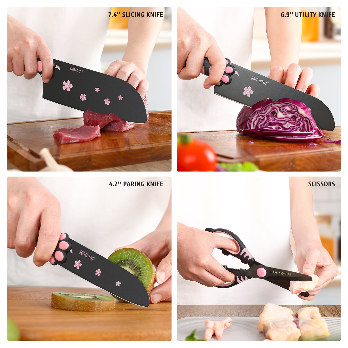 Meowkit 5-Piece Knife Set with Block, Pink and Black Series