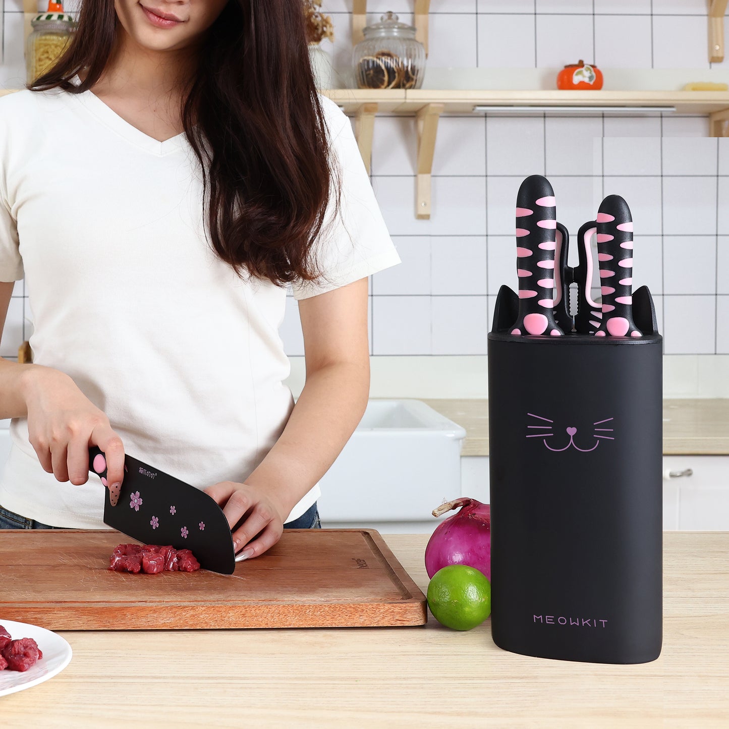 Meowkit 5-Piece Knife Set with Block, Pink and Black Series