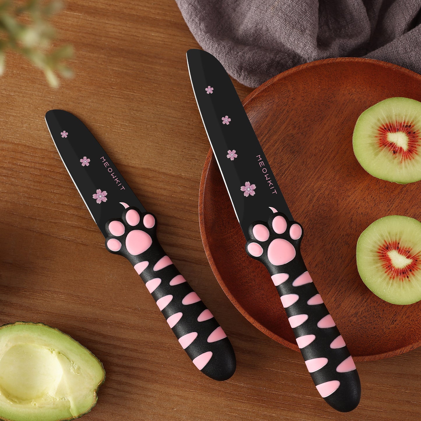 MEOWKIT 3 Pieces Kitchen Knife Set, Non-Stick Coated Cooking Knife Set Including Paring, Utility, Santoku for Kitchen, Black&Pink