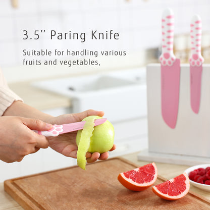 MEOWKIT Knife Set of 3, Stainless Steel Blades With Non Stick Coating, Non-Slip Handle, Kitchen Knife Set for Cooking, Pink