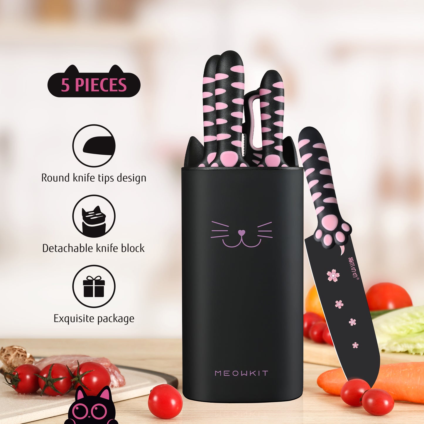 Meowkit 5-Piece Knife Set with Block, Pink and Black Series